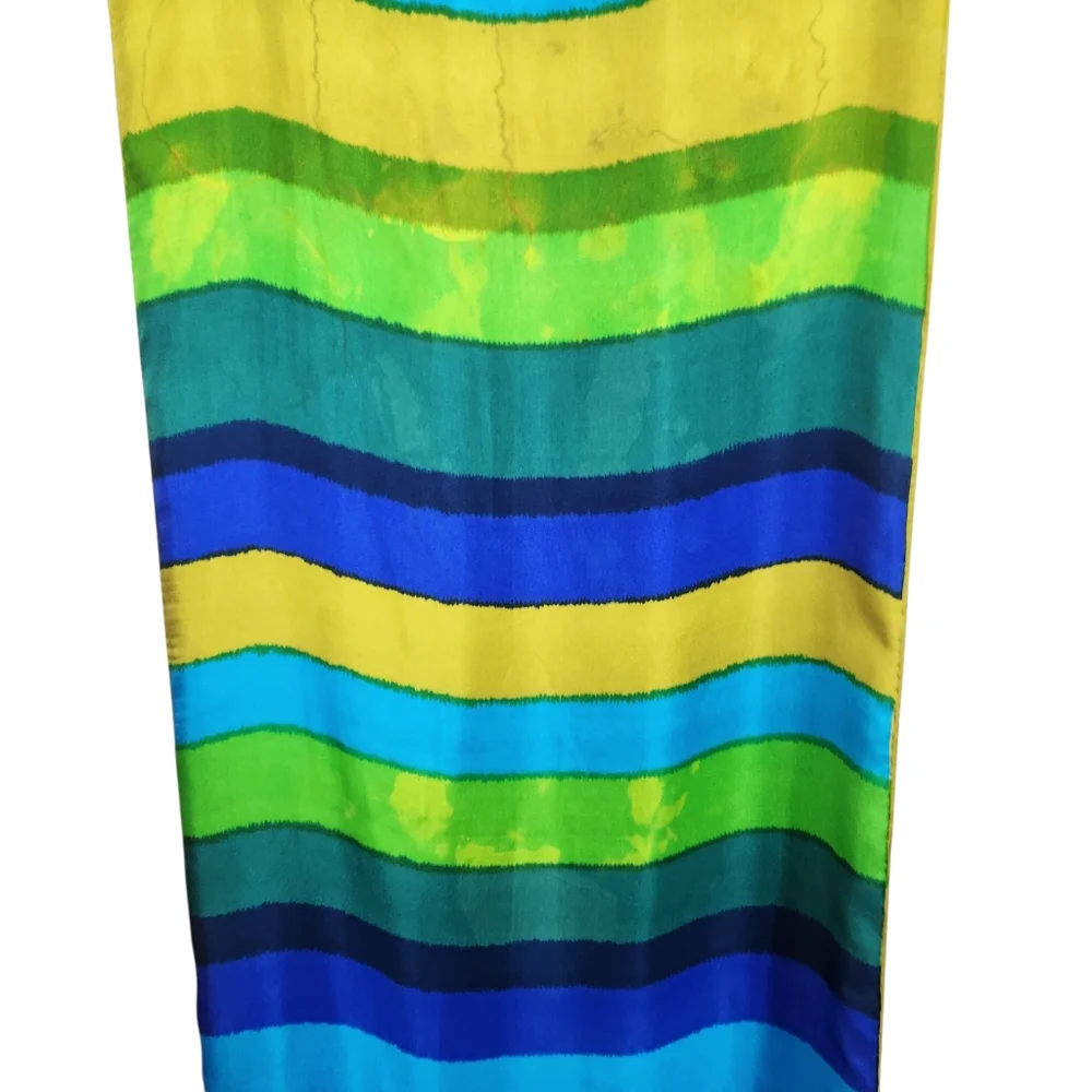 Echo Vintage Silk Long Neck Scarf Striped Watercolor Tie Dye Blue Green Women OS